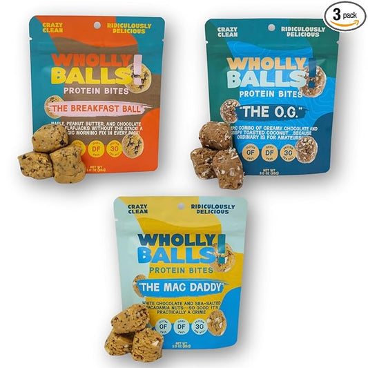Wholly Balls Protein Bites – Healthy Plant-Based Snack | High Protein, Low Sugar, Gluten-Free Energy Balls (Pack of 3, Classic Combo Bundle)