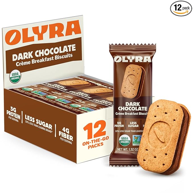 Olyra Dark Chocolate Sandwich Breakfast Biscuits, Healthy Snacks for Adults and Kids, Low Sugar, High Fiber, Vegan Organic Cookies, with Ancient Greek Grains, USDA Certified Organic, Non GMO, 12 Packs