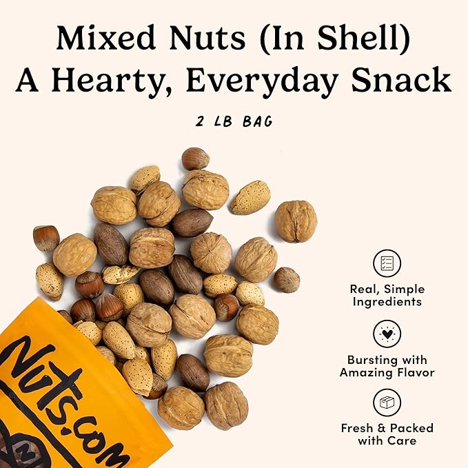 Nuts.com – Mixed Nuts in Shell – 2 Lb Bag, Healthy Snack Sampler, Includes Premium Walnuts, Almonds, Hazelnuts, Pecans & Brazil Nuts – Good Source of Protein, Fiber & Omega-3