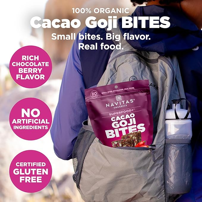 Navitas Organics Cacao Goji Superfood+ BITES – Power Snacks – All Natural Plant Based – Clean Energy & Nutrition – USDA Organic, Non GMO, Gluten Free, Soy Free, Kosher, Vegan (8oz. Bag 11 Servings)
