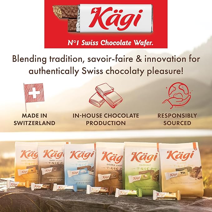Swiss Milk Chocolate Covered Mini Wafers by Kägi, Crispy Coated Sweet Snacks, Premium Individually Wrapped Treats, Chocolate, Classic Kägi, 125g Bags