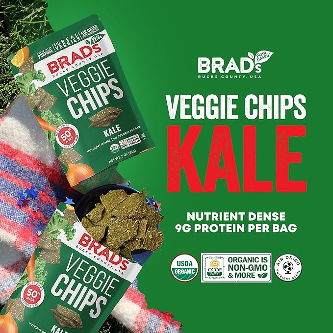 Brad’s Plant-Based - Organic Veggie Kale Chips - Healthy Snacks Delicious - High Protein & High Fiber Snacks - Low Carb - Organic Veggie On-the-Go Kale Chips - 3 Oz (Pack of 5)