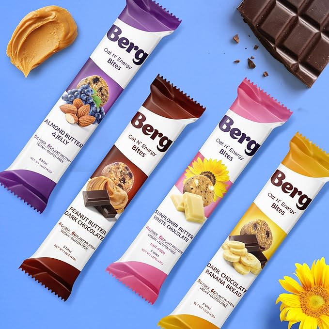 Berg Bites Plant-Based Almond Butter & Jelly Bites, Vegan, Gluten-Free, 6g Protein, 5g Fiber, Energy Snack Box - Clean Energy Healthy Snack Bar - 1.5oz (8 Pack)