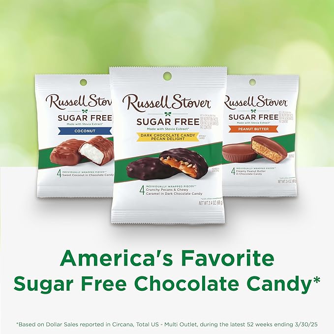 RUSSELL STOVER Sugar Free Dark Chocolate Pecan Delight Candy, 2.4 oz. bag (Pack of 10)