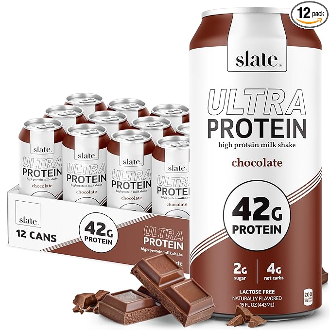 Slate Milk - Ultra Protein Shake - Chocolate - 42g Protein, 2g Sugar, 190 Calories, 4g Net Carbs - Lactose Free, No Added Sugar - Made with Ultra Filtered Milk - Breakfast Boost, Post Workout - 15 fl oz, 12 Cans
