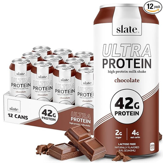 Slate Milk - Ultra Protein Shake - Chocolate - 42g Protein, 2g Sugar, 190 Calories, 4g Net Carbs - Lactose Free, No Added Sugar - Made with Ultra Filtered Milk - Breakfast Boost, Post Workout - 15 fl oz, 12 Cans