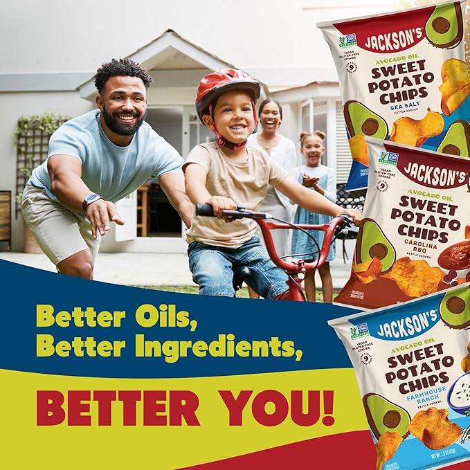 Jackson’s Sweet Potato Kettle Chips Avocado Oil Variety Pack made with Premium Oils (1.5 oz, Pack of 10) Sea Salt, Ranch and BBQ Flavors - Allergen-friendly, Gluten Free, Vegan