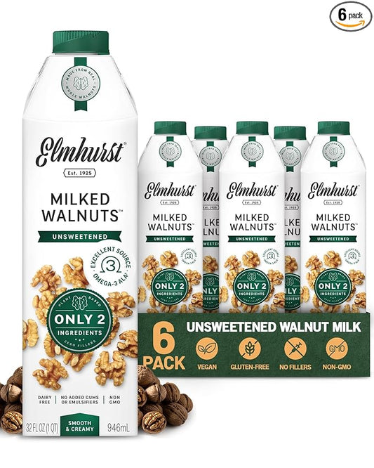 Elmhurst 1925 Unsweetened Walnut Milk - 32 Ounce (Pack of 6) Dairy-Free, Gluten-Free, Vegan, Kosher, Shelf Stable Milk Made with Water & Walnuts for Healthier, Simpler Plant-Based Alternatives