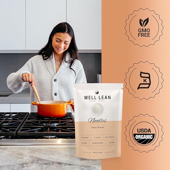 Well Lean Organic Konjac Shirataki Noodles, 12-Pack, Gluten-Free, Keto-Friendly, Low Carb, Low Calorie, 100% Plant-Based, 5 Cal, 2g Carbs