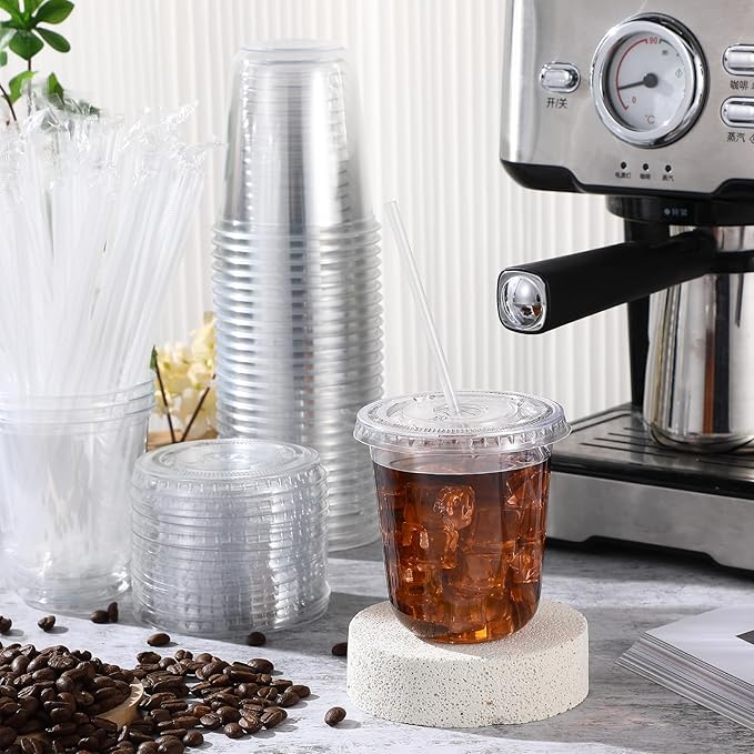 Ziliny 50 Sets Clear Plastic Cups with Lids and Straws, Disposable Iced Coffee Cups Drinking PET for Cold Drinks, Juice, Smoothie, Coffee Shops, Party, Christmas (Clear,14 oz)