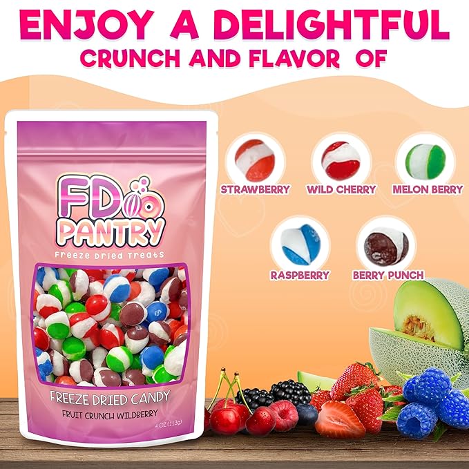 Freeze Dried Candy, Fruit Crunch Wildberry, 4 oz, Assorted Berry Punch, Melon, Strawberry, Cherry, Raspberry, Bag Pouch, Ideal Gift Snack