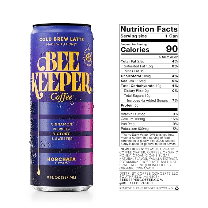 Beekeeper Horchata Latte Cold Brew Coffee Drinks with Oregon Honey | 12 Pack Refreshing Iced Coffee - Unsweetened & Strong Arabica Brew, 8 fl oz Ready-to-Drink Can - 180mg Natural Caffeine