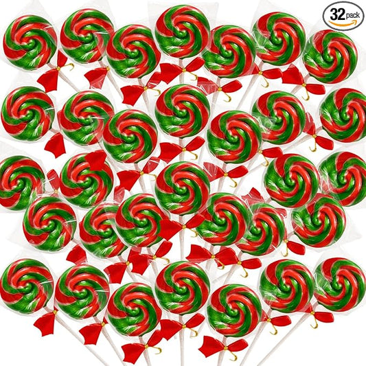 32 Pack Red-and-Green Twisty & Swirl Lollipops with Red Ribbon Bow, Lollipops Swirl Candy Individually Wrapped Bulk, Candy Lollipop Suckers for Christmas Stocking Stuffer & Candy Gifts
