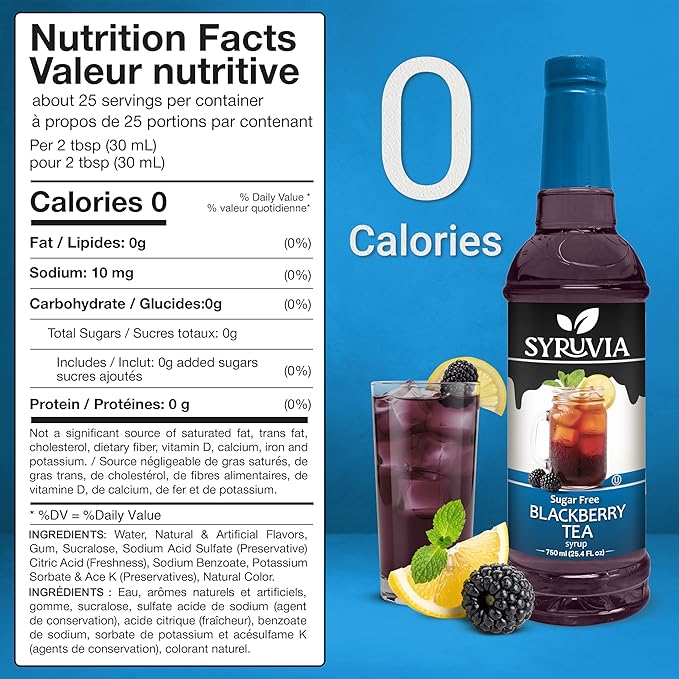Syruvia Sugar Free Blackberry Tea Flavored Syrup for Drinks, Cocktails, Lemonades, Iced Teas and Desserts – 25.4 fl oz