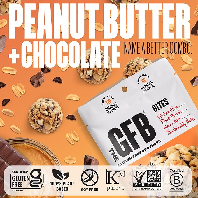 The Gluten Free Brothers Dark Chocolate Peanut Butter Bites - Gluten Free Protein Balls – Non GMO, Soy Free, Vegan – Snack Size Plant Based Protein Energy Balls, 4 oz (4 Count)