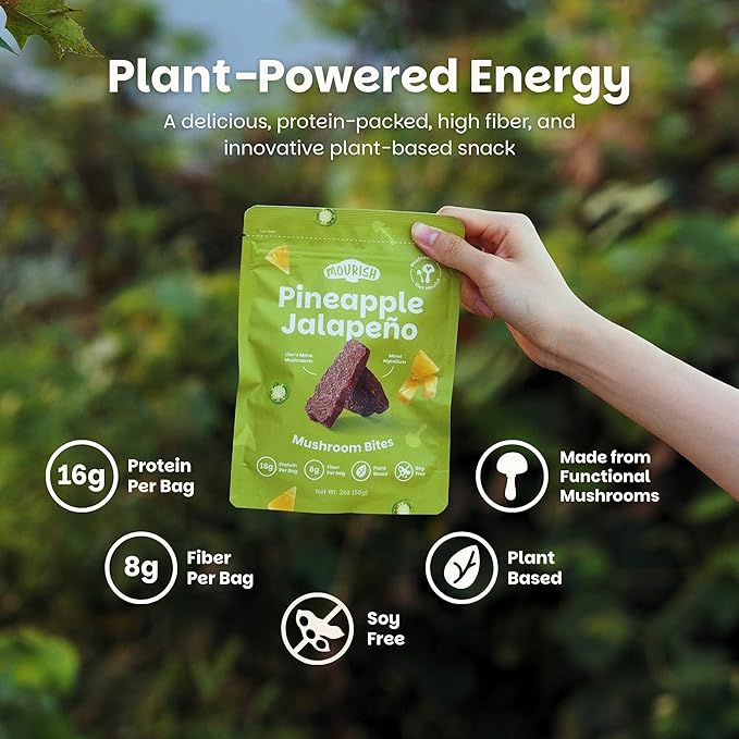 Mourish Vegan Mushroom Bites, Pineapple Jalapeno, 3 Pack (2 oz), Good Source of Protein and Fiber, Plant Based Meat Jerky, Spicy Flavor, Meatless Healthy Snacks for Hiking, Work, Travel & School