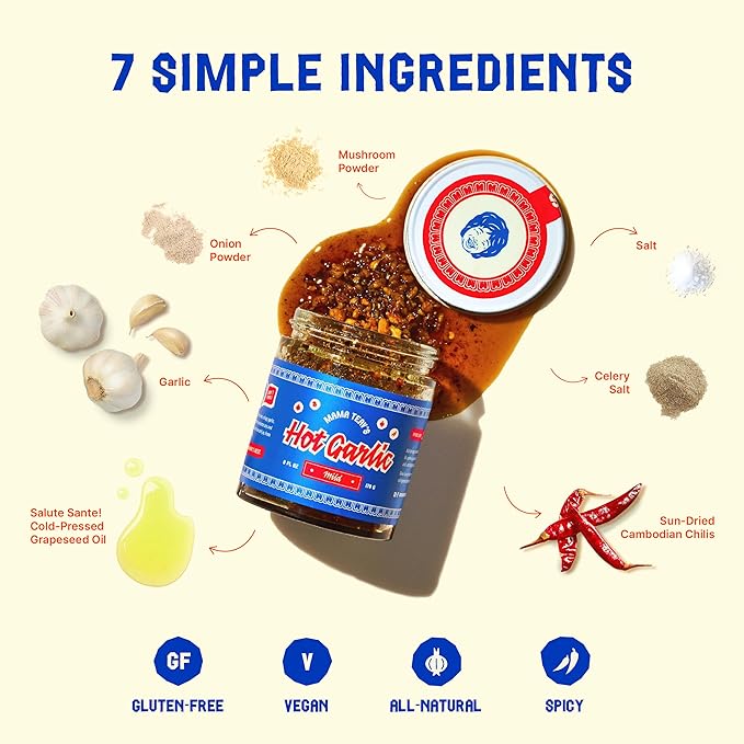 Mama Teav's Mild Garlic Chili Crisp - Mild, Crunchy, Umami Chili Oil with Garlic & Cambodian Chilis - Vegan, Gluten-Free, All-Natural - Cold-Pressed Grapeseed Oil - 6oz Jar