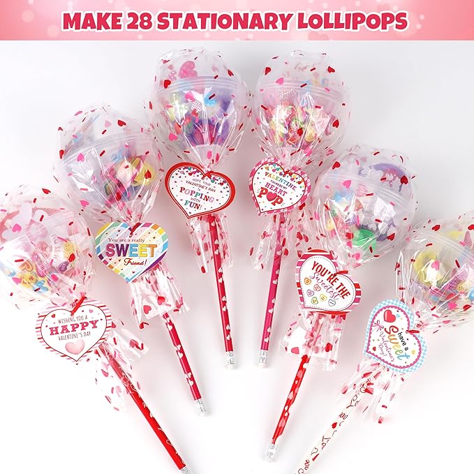 POPGIFTU Candy-Free Valentine’s Day Gifts for Kids – 28 Pack Giant Lollipop Stationery Valentines Kit with Cards, Pencils, Erasers, Rulers & Stickers –Classroom Valentine Cards for School Party Favors