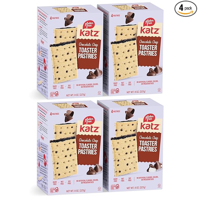 Katz Gluten Free Chocolate Chip Toaster Pastries. Breakfast Foods Snacks. Free of Dairy, Peanuts, Tree Nuts, and Sesame, No Artificial Color. Kosher. 8oz (4pk)