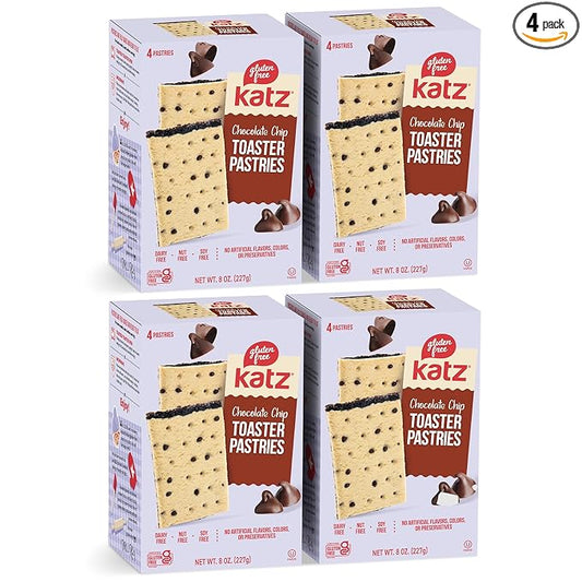 Katz Gluten Free Chocolate Chip Toaster Pastries. Breakfast Foods Snacks. Free of Dairy, Peanuts, Tree Nuts, and Sesame, No Artificial Color. Kosher. 8oz (4pk)