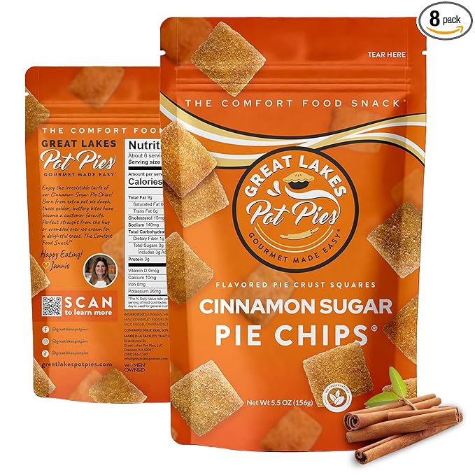 Great Lakes Pot Pies - Cinnamon Sugar Pie Chips - Crunchy Cookie Crisp - Buttery Cinnamon Snacks for Adults & Kids - Cinnamon Crackers - 8 Pack
