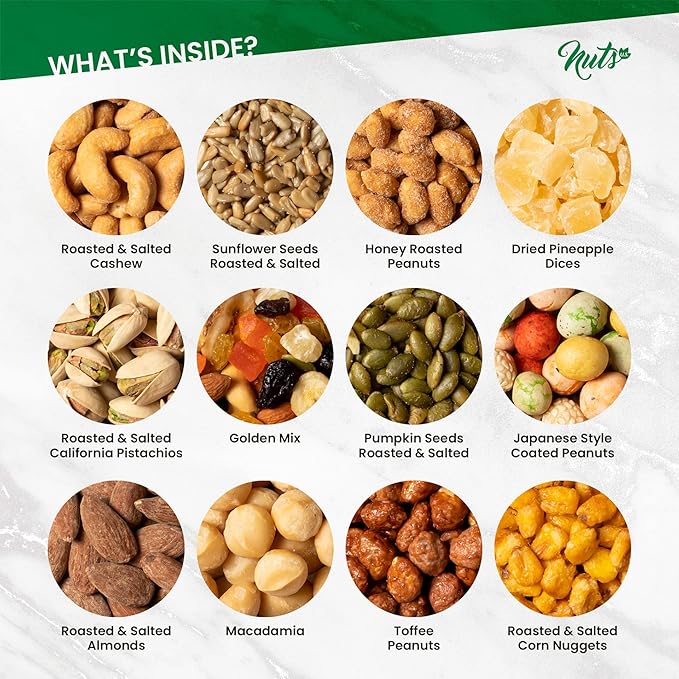 NUTS U.S. Assorted Nuts & Dried Fruits Gift Box | 12 Gourmet Varieties of Sweet & Savory Treats for Christmas, New Year, Holiday, Birthdays, Anniversaries, Corporate Gifting