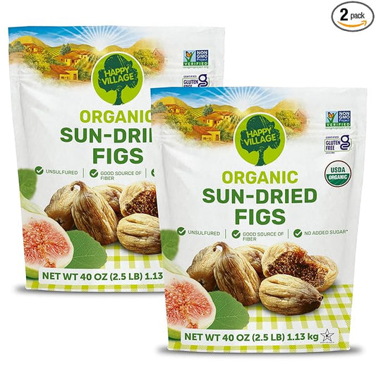 Happy Village Organic Turkish Dried Figs Value Pack, No Sugar Added Dried Fruit, 80 OZ (2 Packs of 40 OZ) Resealable Pack – Kosher, Non-GMO, Unsweetened, Unsulfured, Vegan, Sun-Dried Organic Figs