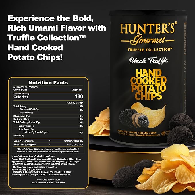 Hunter's Gourmet Potato Chips | Hand-Cooked | Lactose-Free | No Artificial Colors | Halal | Made in a Nut-Free Facility | Black Truffle Chips | Vegan | Gluten-Free Snacks | Pack of 8 | 150g