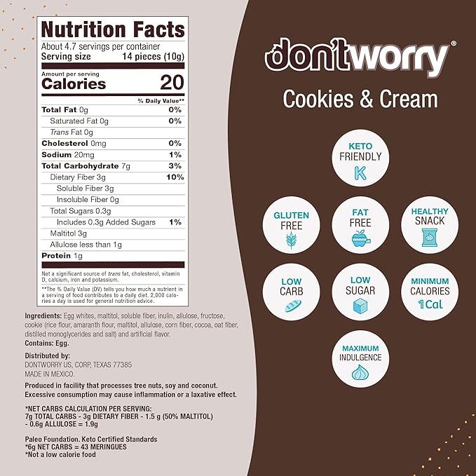 Don't Worry Low Calorie Meringue Cookies - 6 Pack - Cookies & Cream, Just 1 Calorie per Piece | Low Sugar Candy, Gluten Free, Protein Snacks | Keto Friendly and Healthy Snacks for Adults