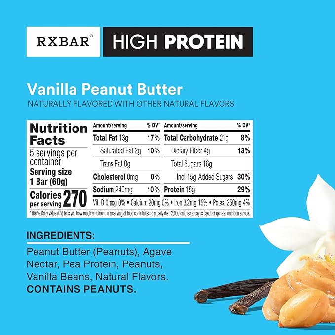 RXBAR High Protein Bars, Gluten Free, Protein Snacks, Vanilla Peanut Butter (6 Boxes, 30 Bars)