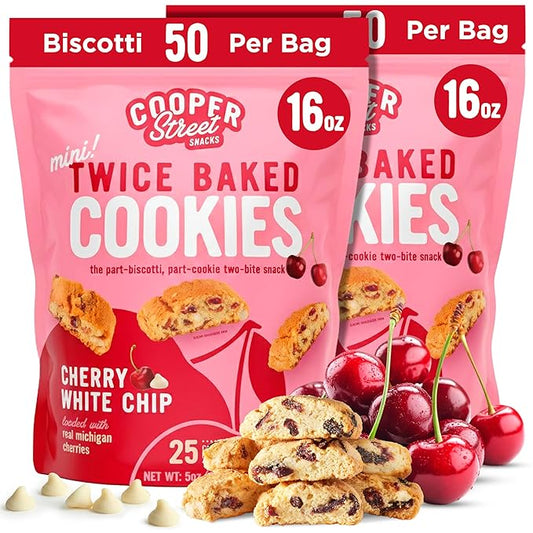 Cooper Street Twice-Baked Cherry White Chip Biscotti Cookies (16 oz Pack of 2) – Over 50 Biscotti Cookies per Bag Loaded with Real Fruit, Traditional Italian Style Snacks - Dairy, Peanut & Soy Free