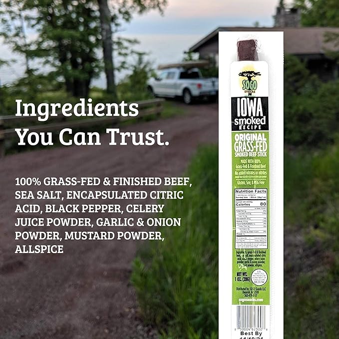 Original - Iowa Smoked Recipe, Sogo Snacks, Sugar Free Beef Jerky, Non-GMO Grass Fed Beef Sticks. No Nitrates, Gluten, Soy, MSG, Dairy, or Nuts. Paleo, Whole30, & Keto Snack (Original-ISR, 48 Cnt)