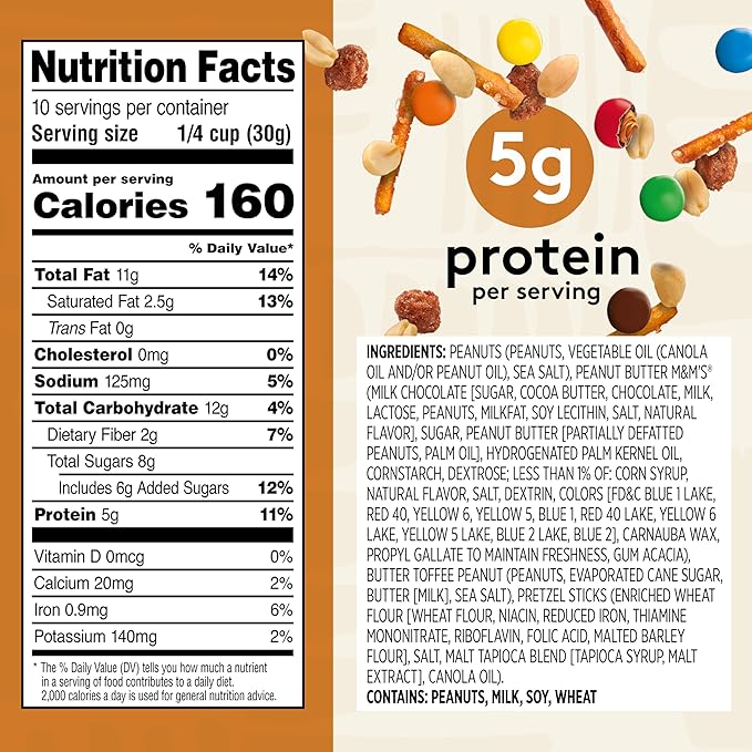 Snak Club Peanut Butter Chocolate Trail Mix with Peanuts, Peanut Butter M&M’S, Toffee Peanuts, and Pretzels, 11 oz Resealable Bag