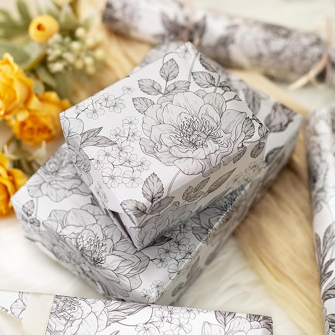 Homeral Shimmer Floral Gift Wrapping Paper Roll - Jumbo Roll - Black and White Pearly Luster Vintage Floral for Wedding, Birthday, Baby Shower, Anniversaries, Party - 30 In x 33 Ft