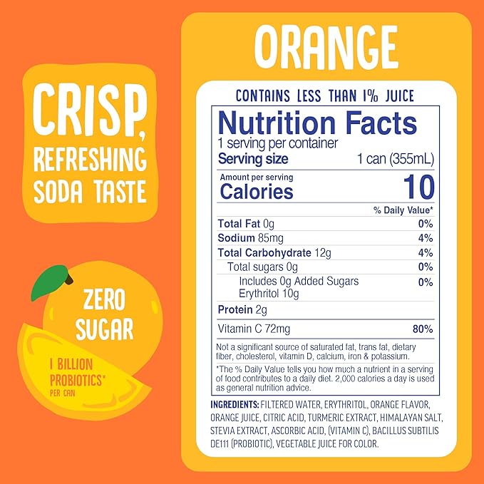 Cove Probiotic Soda, Zero Sugar Better-For-You Alternative - Refreshing, Delicious Probiotic Drink, No Synthetic Colors & Caffeine Free - Orange, 12 Pack