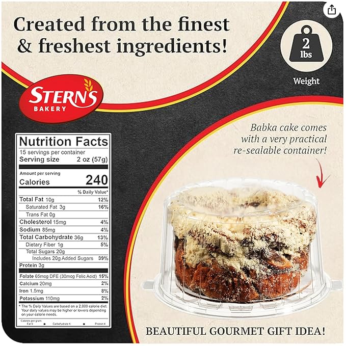 Stern’s Bakery Chocolate Babka Cake | Coffee Cake, Artisan Breakfast Pastries | Holiday Food Gift- Christmas Thanksgiving | Kosher, Dairy Free, Nut Free