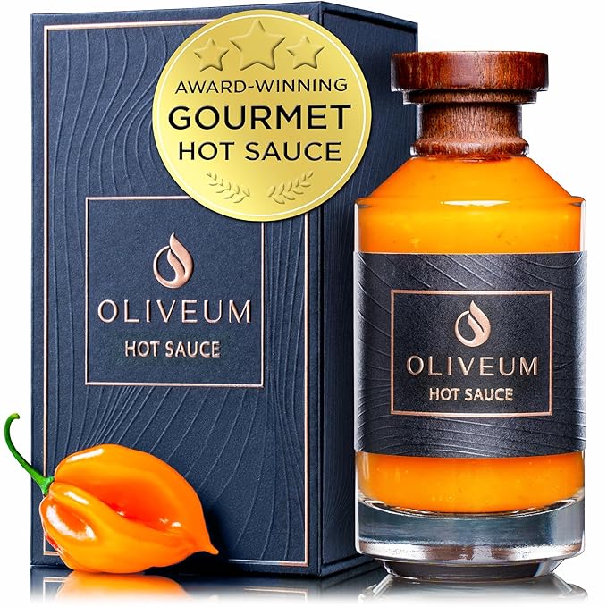 Oliveum Hot Sauce - Gourmet Medium Spice Organic Habanero Peppers. Unique Spicy Salsa Flavor For BBQ, Mexican, Asian, Steak, Chili, Tacos, Buffalo, Wings, Pizza. Experience Fancy Luxury Craft Hand Made Small Batch Best and Hottest Gift Idea For Men in ...