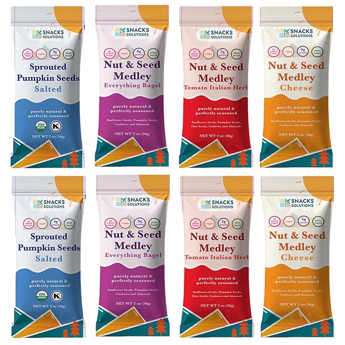 Snacks Solutions Nut and Seed Medley (2 oz - Pack of 8, Variety Pack) Natural and Perfectly Seasoned, Sunflower Seeds, Pumpkin seeds, Cashews and Almonds, Kosher and Gluten Free