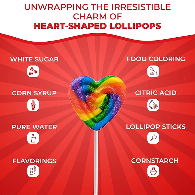 Fusion Select 24 Heart Shaped Lollipops Candy - Sweet Heart Lollipop for Party Bag Fillers, Pinata Stuffers - Ideal for Valentine's Day, Mother's Day, Halloween - Bulk Party Pack, Assorted Lollipops