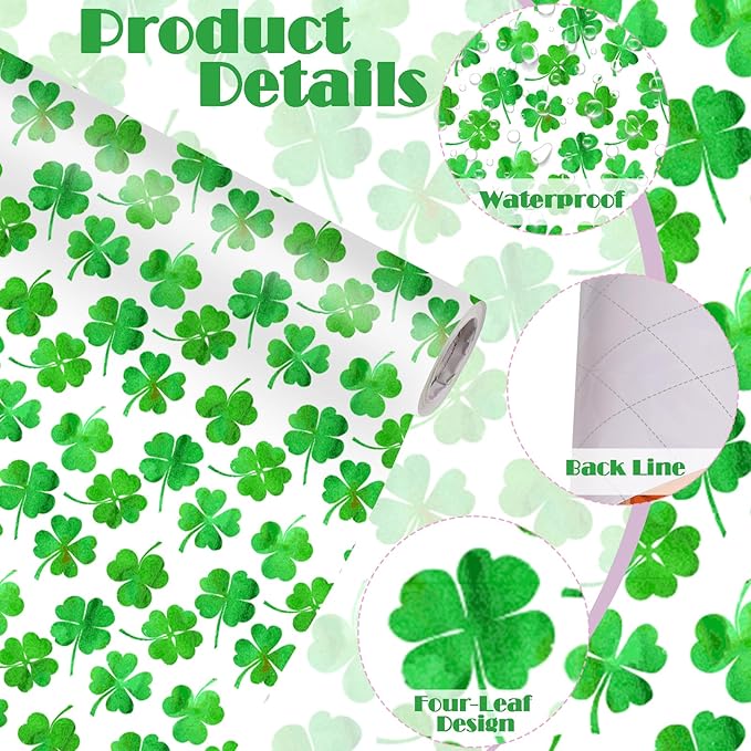 Fabllewavi 1 Roll Shamrock Wrapping Paper Mini Roll - 17in x 32.8Ft Reversible Green Clover Pattern Gift Wrap Paper for St. Patrick's Day DIY Crafts Irish Party Supplies