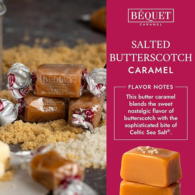 Béquet Salted Butterscotch Caramels – Soft, Individually Wrapped Gourmet Butterscotch Candy, Gluten‑Free & Kosher – 24 oz Resealable Pouch