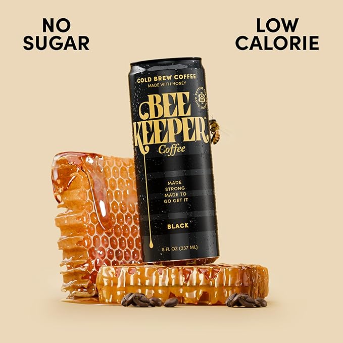 Beekeeper Black Cold Brew Coffee Drinks with Oregon Honey | 12 Pack Refreshing Iced Coffee - Unsweetened & Strong Arabica Brew, 8 fl oz Ready-to-Drink Can - 180mg Natural Caffeine