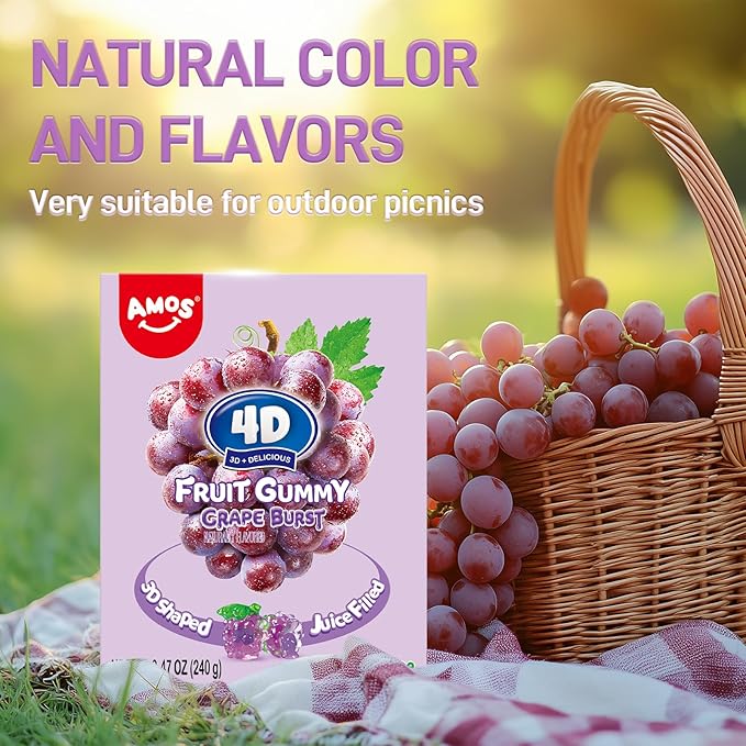 AMOS 4D Gummy Candy Grape Burst – 3D Grape Shaped, Jelly-Filled, Natural Flavor Fruit Gummy – 240g Box (Pack of 10) – Fruit-Filled Gummy Treats for Kids & Adults – Perfect for Parties & Gift Bags