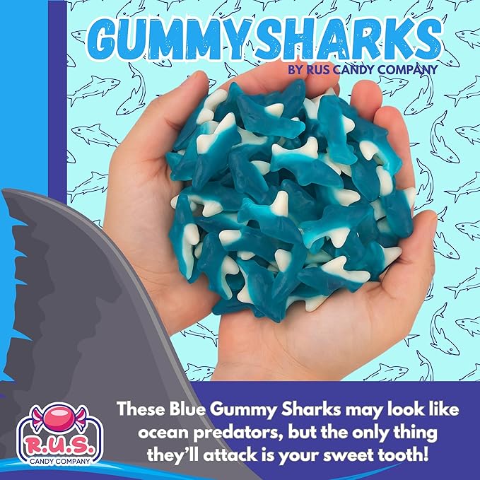 Blue Gummy Sharks- 1 Pound Bag | R.U.S. Candy Company | Chewy Fruity Candy | Fun Ocean-Themed Treats for Parties, Candy Buffets & Movie Nights (1 Pound)