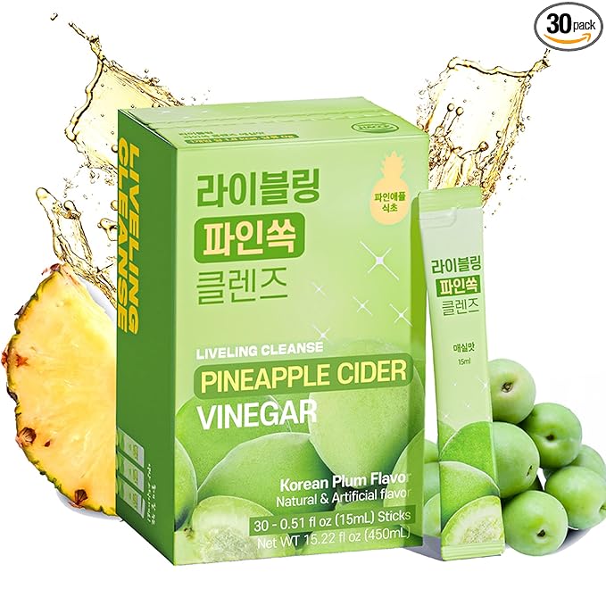 [Liveling] Pineapple Cider Vinegar Drink Stick & 3-in-1 Shot with ACV – Korean-Plum Flavor | Supports Digestion, Daily Cleanse, Sugar-Free, Low-Calorie, Portable On-The-Go Packets (30 sticks)
