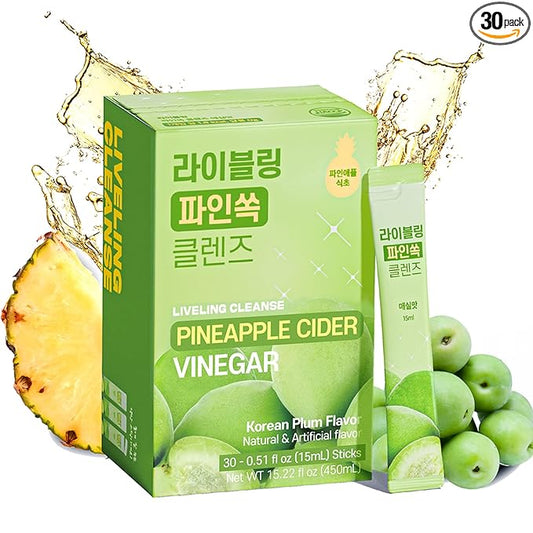 [Liveling] Pineapple Cider Vinegar Drink Stick & 3-in-1 Shot with ACV – Korean-Plum Flavor | Supports Digestion, Daily Cleanse, Sugar-Free, Low-Calorie, Portable On-The-Go Packets (30 sticks)