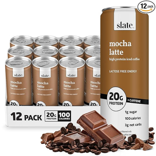 Slate Milk - High Protein Iced Coffee - Mocha Latte - 175mg Caffeine, Lactose Free Energy - 20g Protein, 1g Sugar, 110 Calories, 3g Net Carbs, No Sugar Added - Protein Coffee - 11 fl oz, 12 Cans