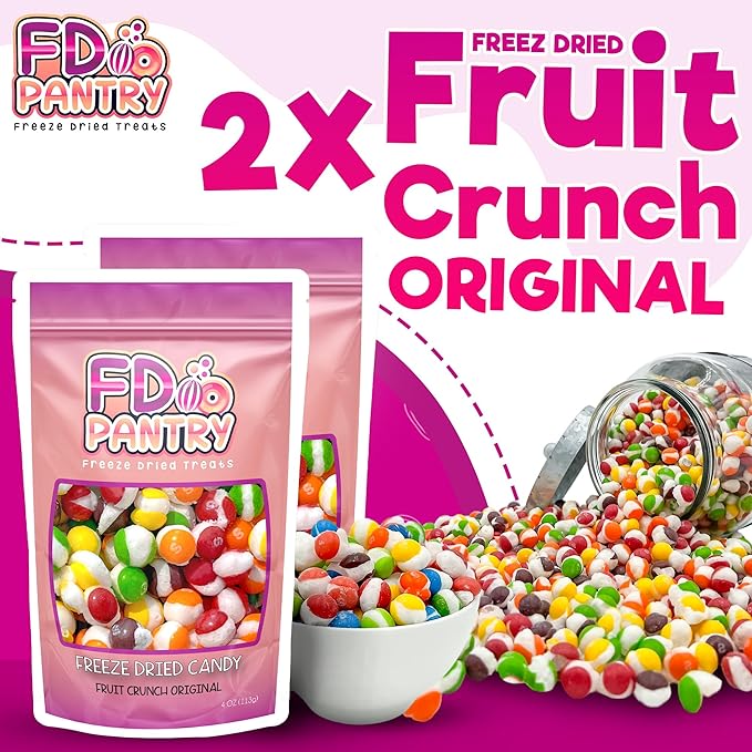 Freeze Dried Candy, Fruit Crunch Original, 4 oz, 2 Pack, Assorted Strawberry, Orange, Lemon, Grape, Lime Flavors, Bag Pouch, Ideal Gift Snack