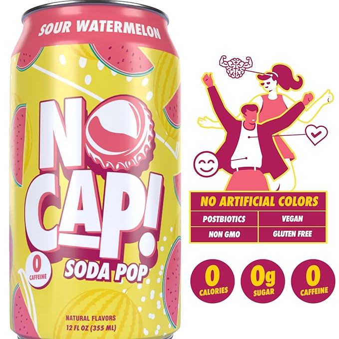 NO CAP! Next Gen Soda Pop with Zero Sugar, Zero Calories and Electrolytes for Hydration, Naturally Flavored Caffeine-Free Soda, Vegan & Gluten-Free, 12 oz Cans (Sour Watermelon)