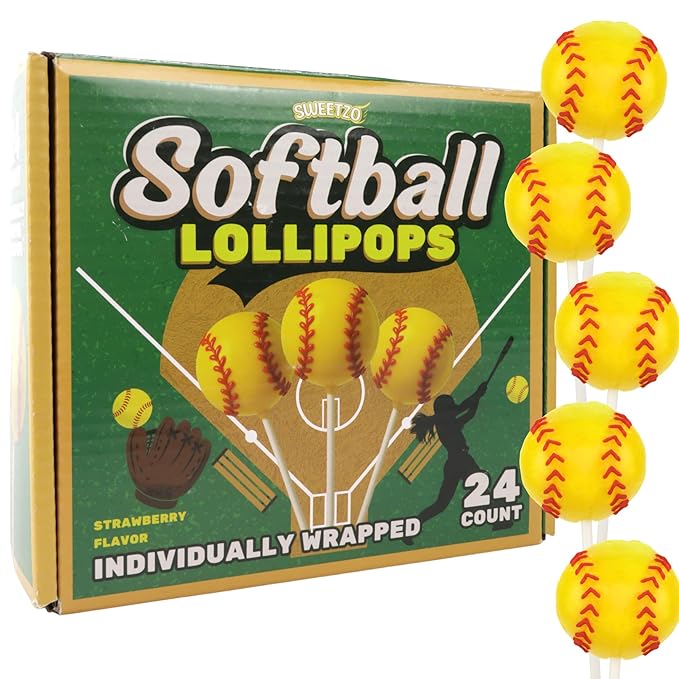 Softball Shaped Lollipops, Individually Wrapped Candy Suckers, Perfect Team Party Treats, Strawberry Flavored, 24 Count